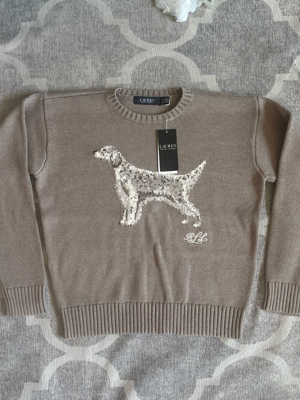 Ralph Lauren Taupe English Setter Crewneck Sweater with Dog Intarsia